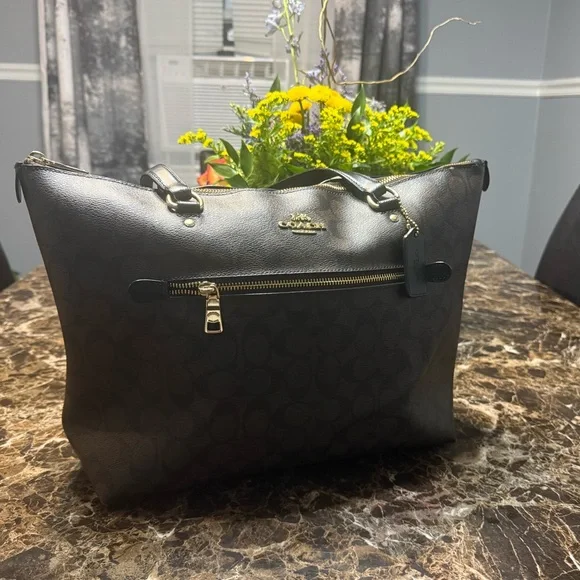 Coach Signature Large City Zip Tote Bag Brown Black Gold Hardware - Picture 7 of 15